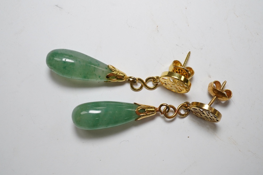 A pair Chinese yellow metal and teardrop shaped jade earrings, 42mm, gross weight 5.1 grams. Condition - fair to good